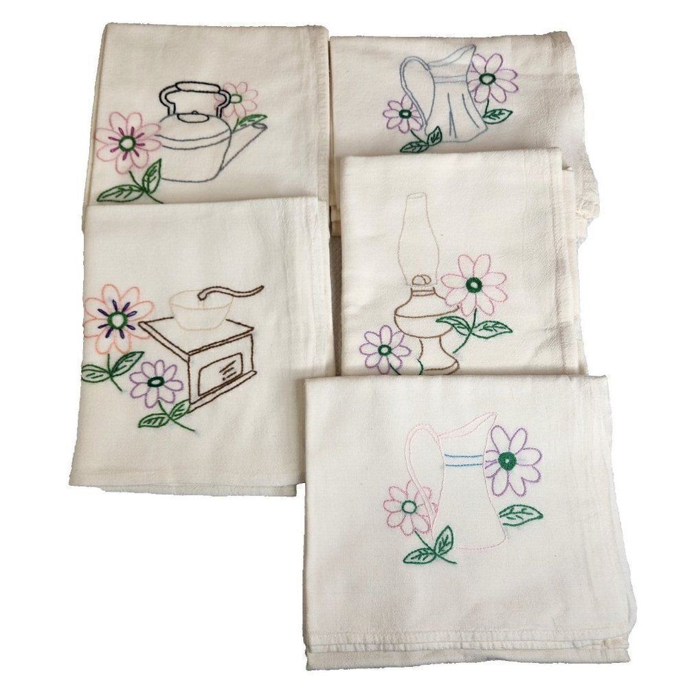 Vintage Hand Embroidered Tea Towels Kitchen Lot 5 Kettle Coffee Lot 5 Muslin